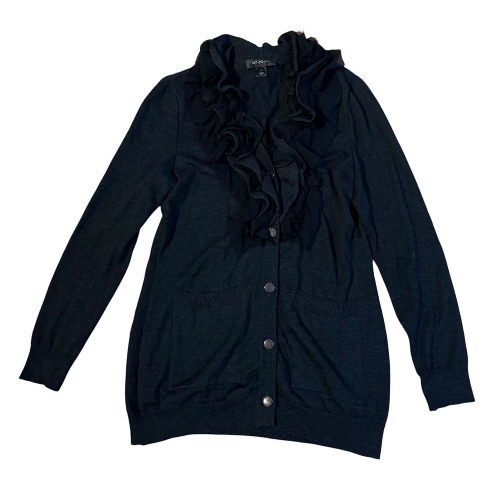 ST. JOHN Gray & Black Ruffle Cardigan Women M